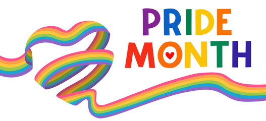 Heart-shaped rainbow ribbon with Pride Month text symbolizing love, unity and LGBTQ celebration, Flat Illustration

