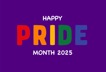 Vibrant rainbow colored PRIDE text on dark purple background for bold Pride Month 2025 celebration, Flat Illustration

