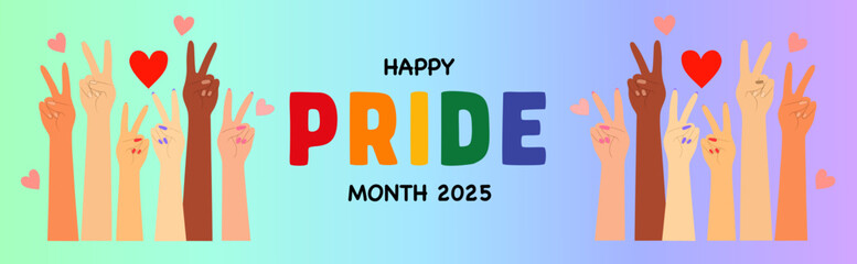 Multicultural hands raised with love and peace symbols on rainbow gradient background for Pride Month 2025, Flat Illustration

