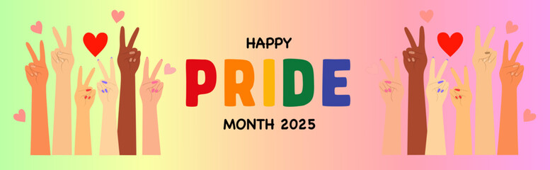 Diverse hands showing peace signs with red heart celebrating Pride Month 2025 on pastel rainbow background, Flat Illustration

