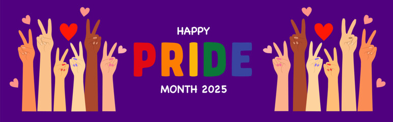 Bright yellow raised hands and hearts celebrating Pride Month 2025 on violet background with rainbow text, Flat Illustration


