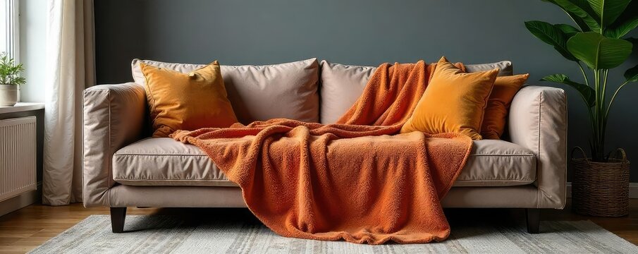 A luxurious throw blanket draped over a modern sofa, adding warmth and style to a living room Perfect housewarming or holiday gift Ideal for cozy nights in , cozy, furniture