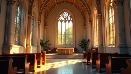 A serene church interior bathed in sunlight, highlighting stained glass and an altar; perfect for themes of peace, faith, and spirituality , amen, divine