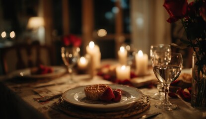 Fototapeta premium Romantic dinner with dessert and wine