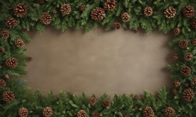 Lush fir branches and pine cones form a rustic Christmas border , spruce, holiday decor, branches