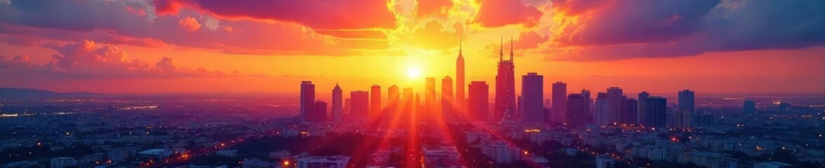 Fototapeta premium A vibrant cityscape skyline at sunset, symbolizing growth and expansion in a thriving market Perfect for illustrating business success and market dominance , vision, increase, cityscape