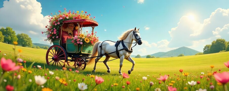 A whimsical horse-drawn carriage, overflowing with vibrant flowers, joyfully meanders through a sun-drenched meadow, embodying carefree happiness and idyllic countryside charm ,  cheerful,  nature