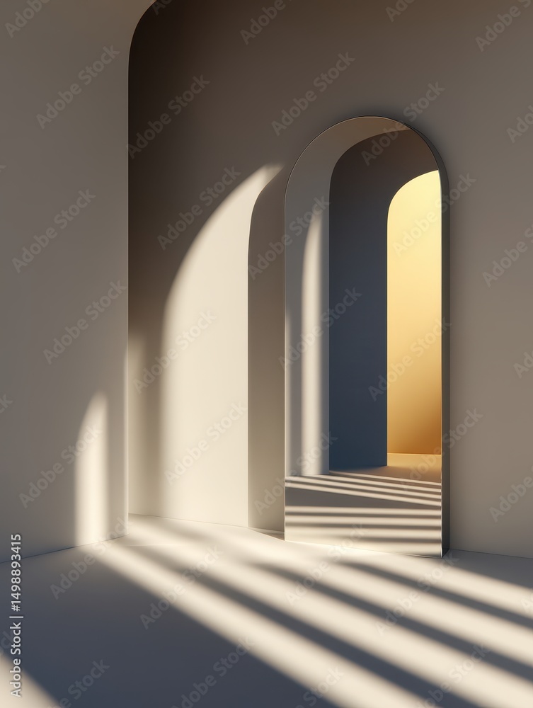 Aufkleber abstract architectural space with arches casting shadows and warm light in the background
