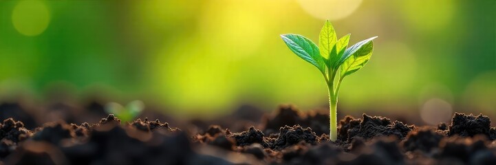 Close-up of vibrant, newly emerged green shoots pushing through rich soil, signifying growth and new beginnings Sunlight filters through, illuminating the delicate leaves , organic, natural, seedling