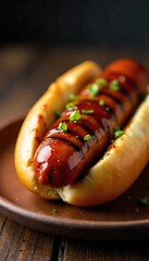 A juicy grilled hot dog on a bun, perfectly charred, with grill marks visible Served with classic barbecue sauce drizzled on top Ready to eat!, outdoor, char marks, american