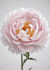 Fully opened peony, delicate petals, pure white background, photography, flora