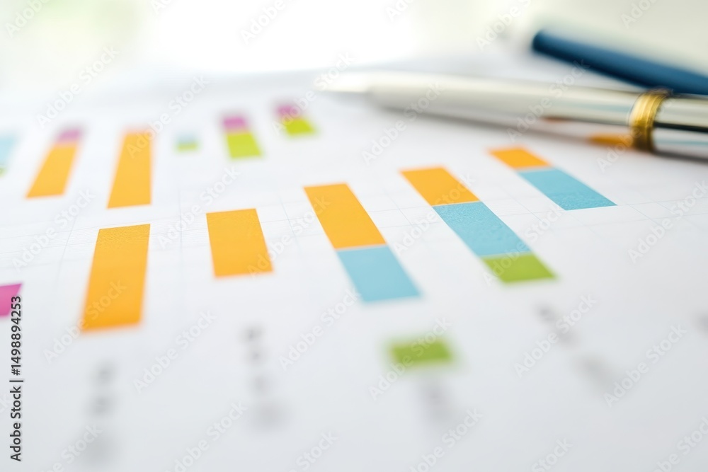 Aufkleber business data analysis showcasing vibrant graphs and charts on a document with a pen placed on the s