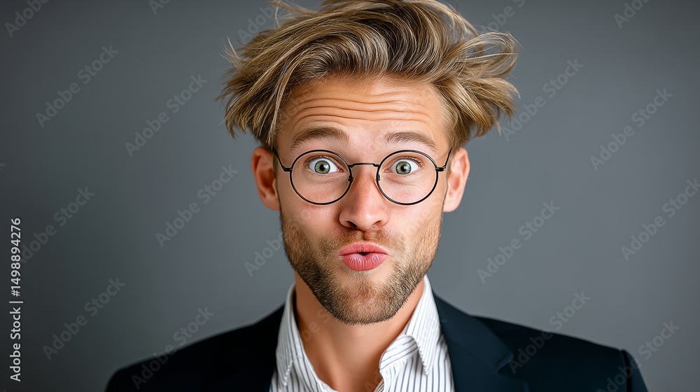 Poster man with glasses and a mustache is looking at the camera with a surprised expression. he is wearing 