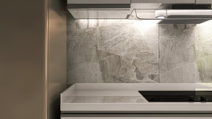 Fototapeta premium Kitchen cabinet counter with white countertop, induction stove, hood in sunlight on gray stone splash back wall for interior design decoration, cooking, food, kitchenware product background 3D