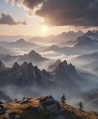 Misty mountain range at dawn, sunbeams breaking through clouds,  calm,  vista,  majestic