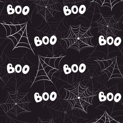 Spooky Halloween pattern featuring cobwebs and playful boo elements in black and white