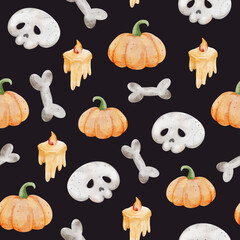 Spooky Halloween pattern featuring pumpkins, skulls, bones, and candles in a dark setting