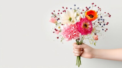 Hand holding a bouquet of flowers with a white background. The flowers are pink and yellow, and the arrangement is colorful and cheerful