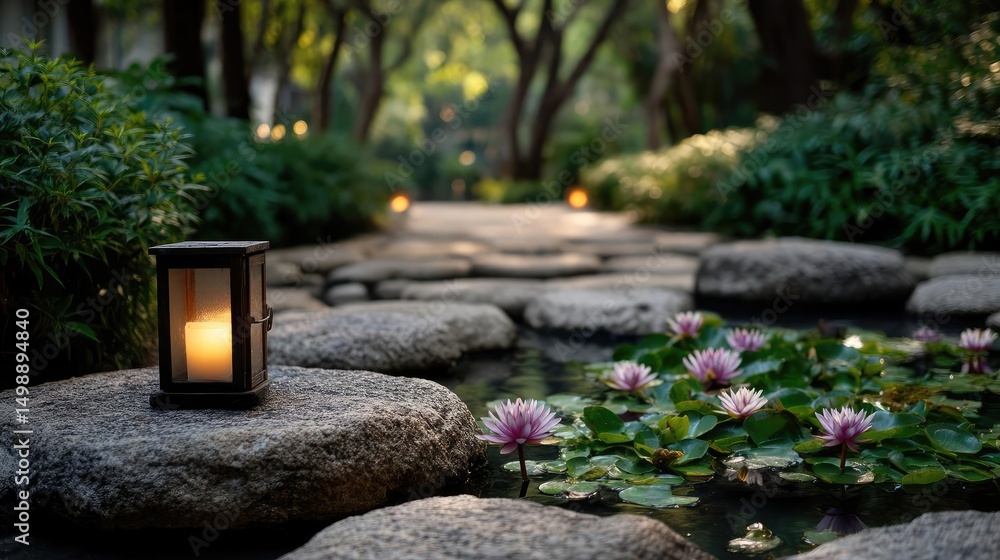 Poster tea pavilion with minimalism and rock by lantern concept. a serene garden pathway illuminated by lan