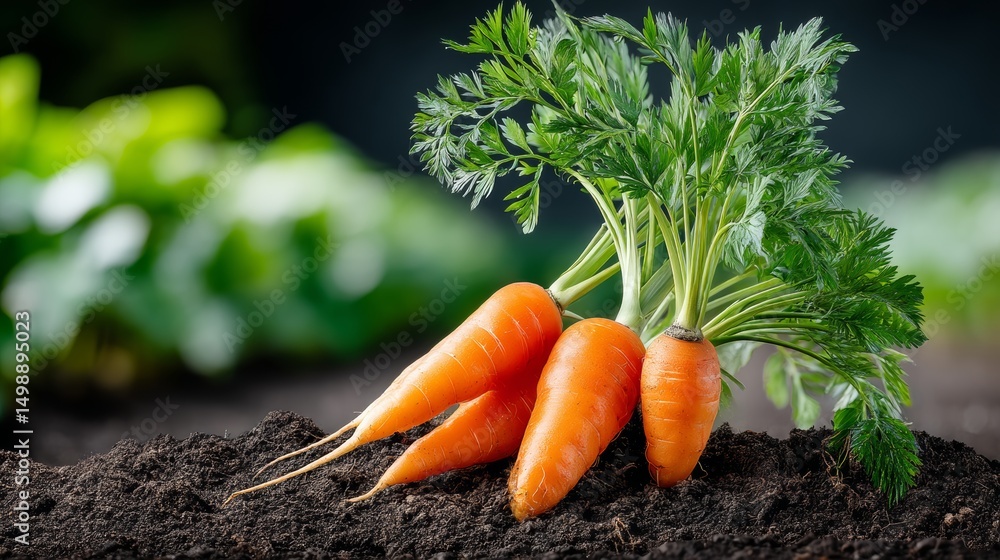 Poster three carrots are sitting on the ground next to some green leaves. the carrots are all different siz