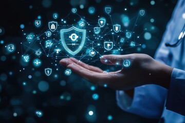 Businessman uses virtual technology to hold interactive medical health symbols demonstrating innovation in healthcare solutions and patient care