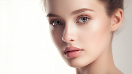 Fototapeta premium Young woman with radiant skin in soft light, embodying natural beauty and serenity.