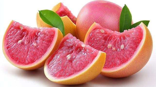 Close-up of Goryeo Pink Grapefruit Halves on White Background &middot; Juicy Tropical Fresh Fruit &middot; High-Resolution Food Photography (for Food Ads, Recipe Design, Healthy Lifestyle Promotion, with Green Leav