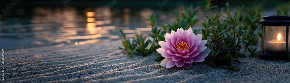 Poster raked sand patterns in tranquility with lantern and lotus concept. a serene water lily beside a gent