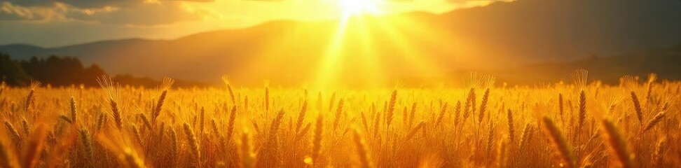 Fototapeta premium Radiant sunbeams illuminate a field of golden wheat, creating a breathtaking, ethereal scene The light evokes a sense of divine, heavenly beauty and sacredness , divine, pastoral
