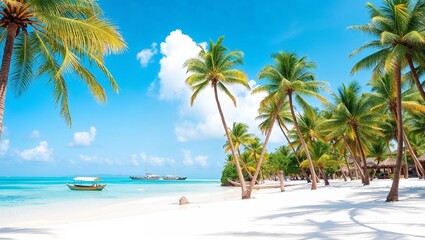 Tropical island beach with palm trees and clear blue water