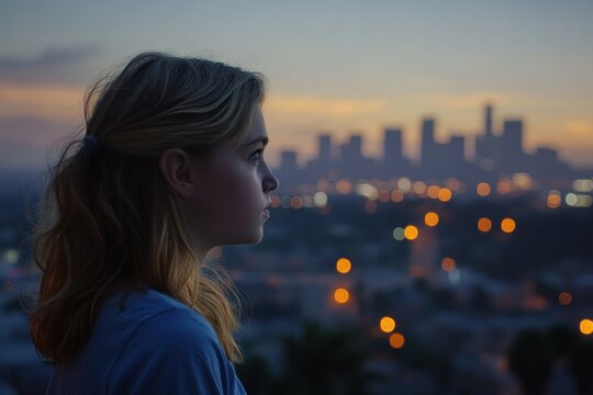 dusk over LA skyline, Westside downtown view, city lights starting to glow