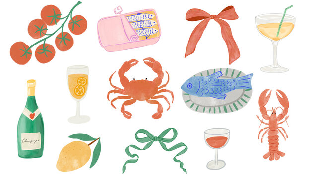 Whimsical simple summer mediterranean themed watercolor food illustrations like fish, crab, lobster, tomato, lemon, wine glass.  Perfect for menu card, labels, wedding invitations, ad banners etc.