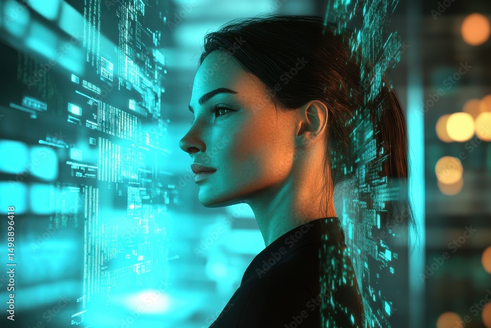 Poster businesswoman engaging with digital transformations in the metaverse while exploring advanced techno