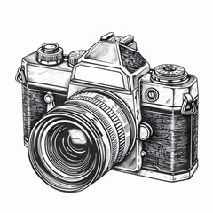 Hand-drawn vintage film camera sketch in black and white with detailed lens and retro design
