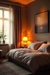 Soft, warm ambient lighting illuminates a cozy room, perfect for relaxation and unwinding The scene evokes feelings of peace and tranquility , orange light, yoga
