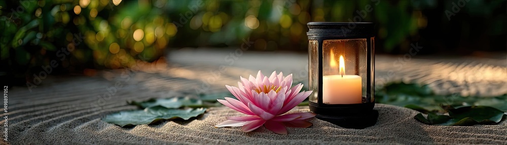 Poster Raked sand patterns in tranquility with lantern and lotus concept. A tranquil scene with a candle and lotus flower for relaxation.