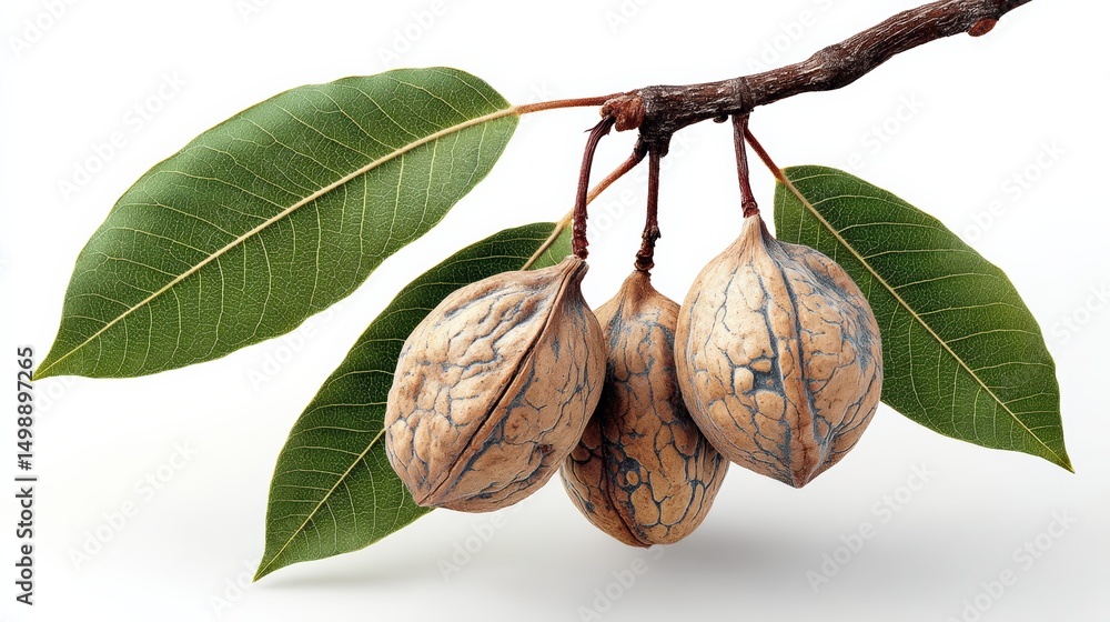 Poster three nuts hanging from a branch. the nuts are brown and have a wrinkled surface. the branch is gree