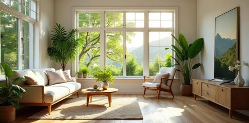 Fototapeta premium Sun-drenched living room with lush plants, stylish furniture, and natural light streaming through large windows A picture of serene and sophisticated home living , luxury, potted plants, peaceful