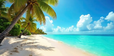Obraz premium Sun-drenched Miami Beach scene, vibrant turquoise water, golden sand, palm trees swaying gently in the breeze Perfect summer vacation vibes , shore, travel, clouds