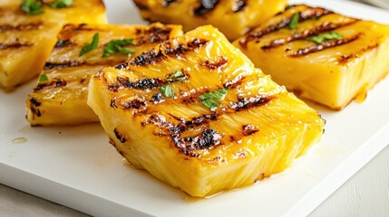 White rectangular plate with six pieces of grilled pineapple on it. the pineapple slices are golden brown and appear to be seasoned with herbs and spices.