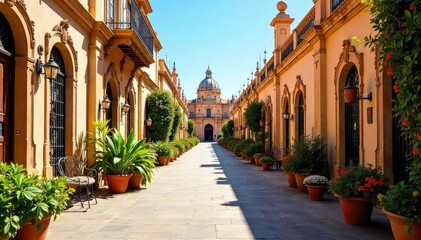 Fototapeta premium Sun-drenched Seville, Andalucia Ornate architecture, vibrant flowers, and the scent of orange blossoms fill the air A captivating scene of Spanish charm and history , tiles, holiday, warm