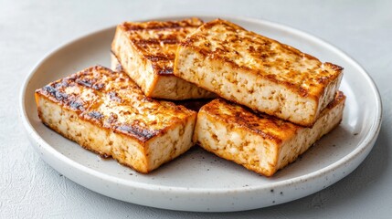 Four pieces of tofu on a white plate. the tofu appears to be cooked and has a golden brown color with a crispy texture.