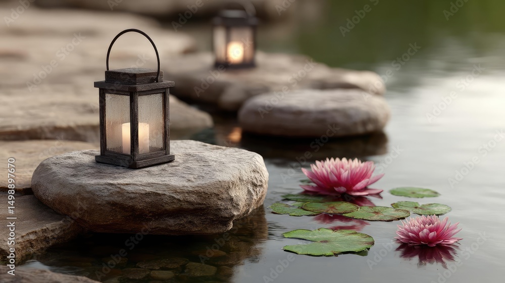 Poster tea pavilion with minimalism and rock by lantern concept. tranquil lanterns beside serene water and 