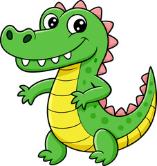 Friendly green cartoon alligator waving happily in playful pose with cheerful facial expression