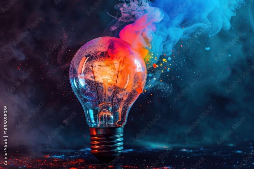 Poster creative light bulb concept exploding lightbulb illuminated.