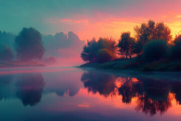 朝焼けの空と水面がピンクと紫に染まる、幻想的な湖の風景。霧が立ち込め、静寂な水面に木々のシルエットが美しく反射する。穏やかで神秘的な夜明けの情景