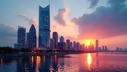 Fototapeta premium Modern glass skyscraper reflecting city skyline at sunset , urban, landscape, elegance