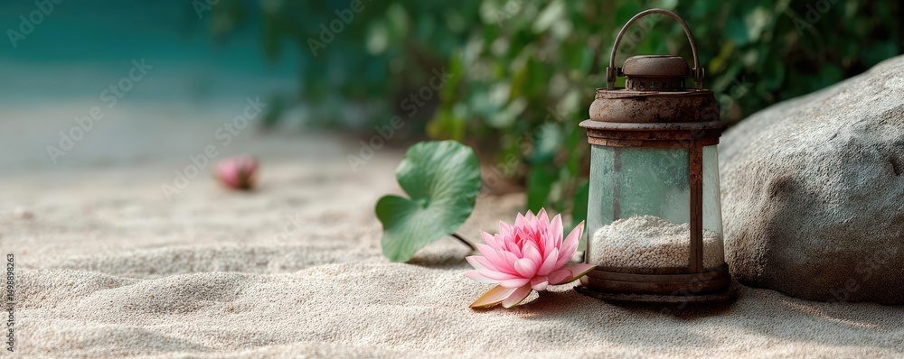 Poster raked sand patterns in tranquility with lantern and lotus concept. a serene lantern beside a pink fl