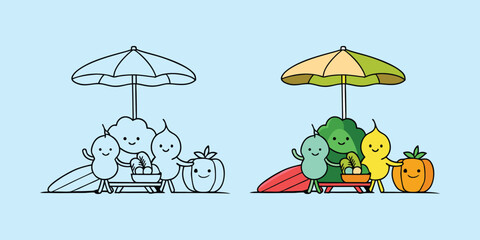 Happy vegetables under umbrella cartoon illustration healthy food beach vacation theme