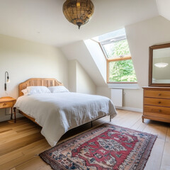 Luxurious bedroom interior with comfortable bed and modern furniture